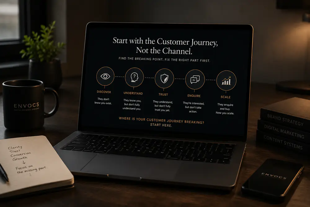 Customer journey breaking point framework showing discover, understand, trust, enquire, and scale stages